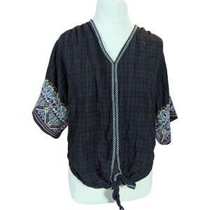 Max Studio Blouse Women XS Black Embroidered Tie Front Boho Cottagecore Top